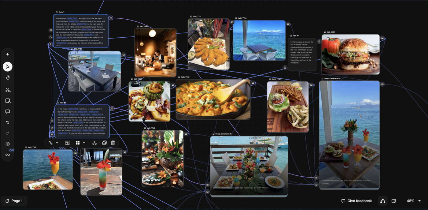 Canvas de création de contenus : bibliothèque de visuels (plats, cocktails, lifestyle) générés et organisés par IA pour un commerce